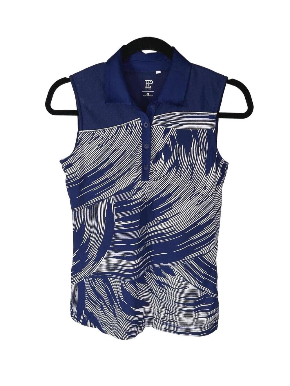 EP NY Sleeveless Golf Polo XS Navy& White Abstract Swirl Print Golfcore Retro